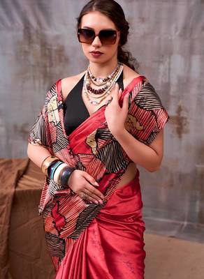Red satin abstract print saree 2