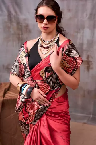Red satin abstract print saree