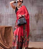Red satin abstract print saree