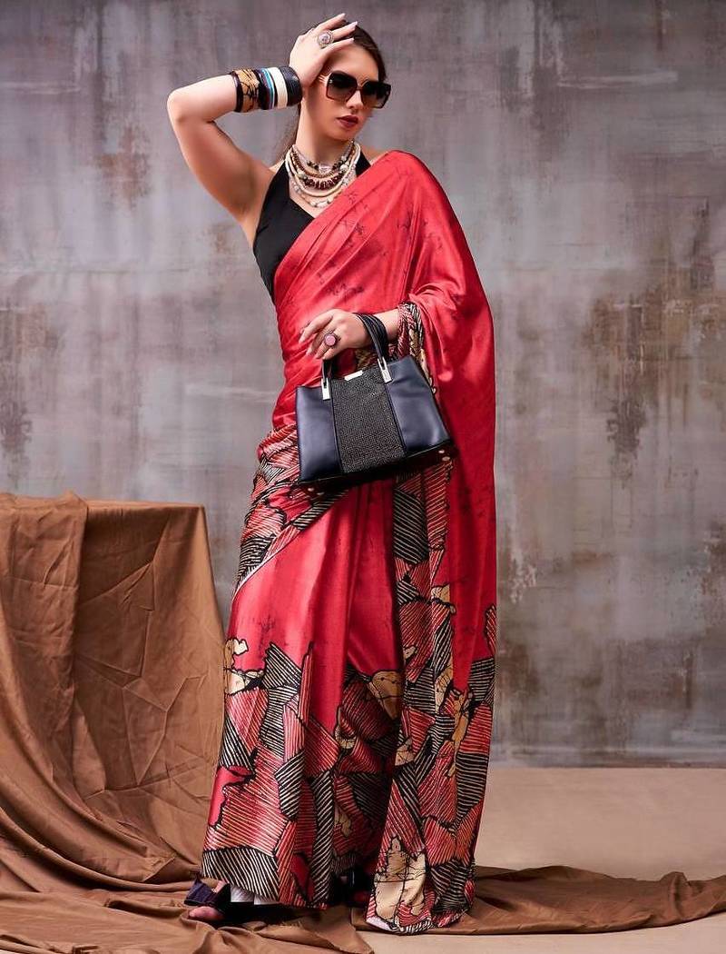 Red satin abstract print saree