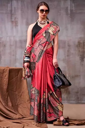 Red satin abstract print saree