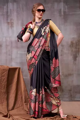 Black satin abstract print saree