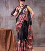 Black satin abstract print saree