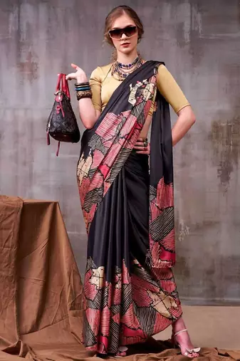 Black satin abstract print saree