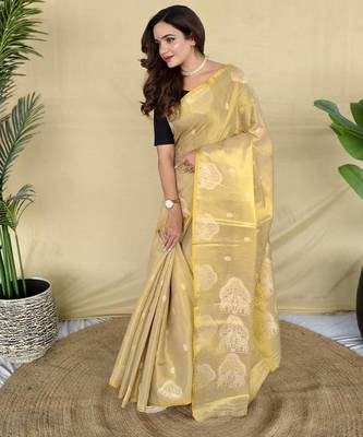 Gold silk blend woven saree 1
