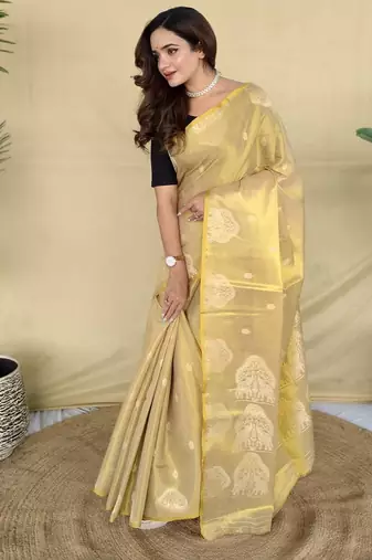 Gold silk blend woven saree
