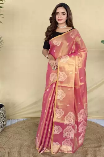 Pink silk blend woven saree