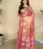Pink silk blend woven saree