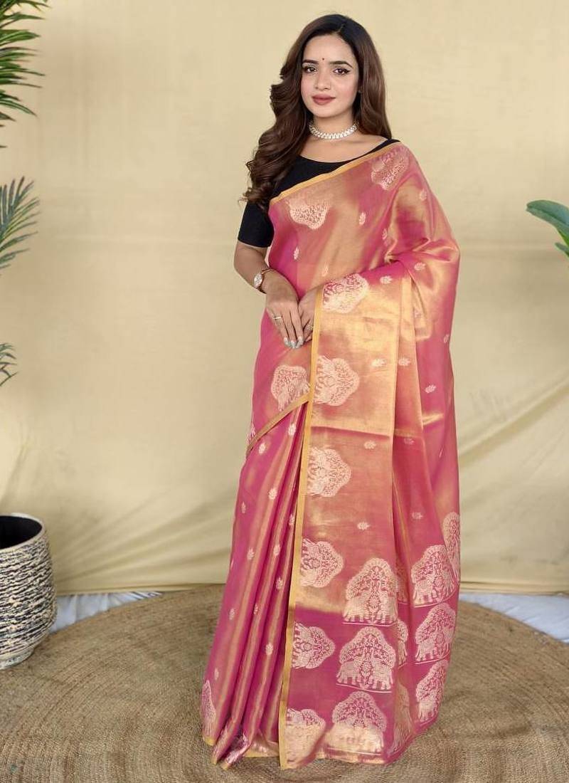 Pink silk blend woven saree