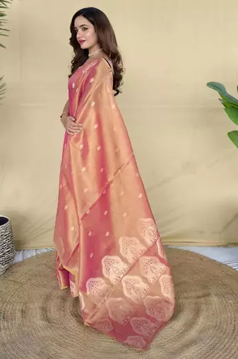 Pink silk blend woven saree
