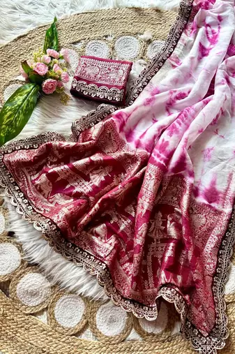 Pink silk blend shibori tie-dye saree