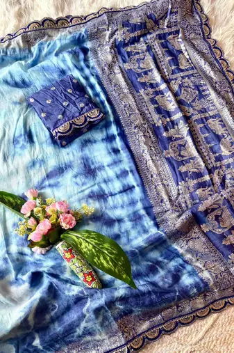 Blue silk blend shibori tie-dye saree