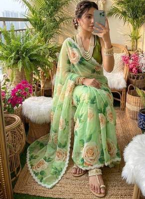 Olive floral silk blend saree 1