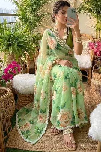 Olive floral silk blend saree