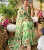 Olive floral silk blend saree