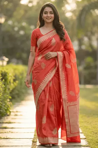 Banarasi viscose silk saree in orange colour with leaf zari meenakari work