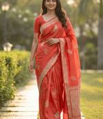 Banarasi viscose silk saree in orange colour with leaf zari meenakari work