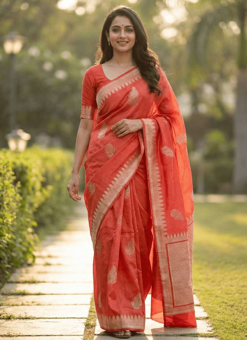 Banarasi viscose silk saree in orange colour with leaf zari meenakari work
