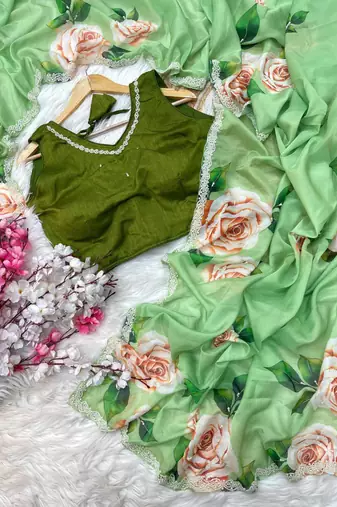 Olive floral silk blend saree