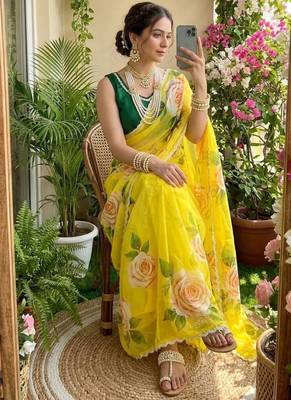 Yellow floral silk blend sareer 1