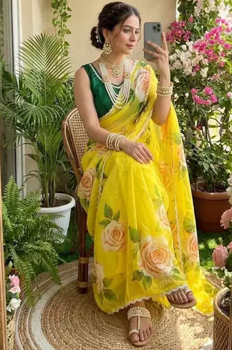 Yellow floral silk blend sareer
