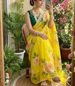 Yellow floral silk blend sareer