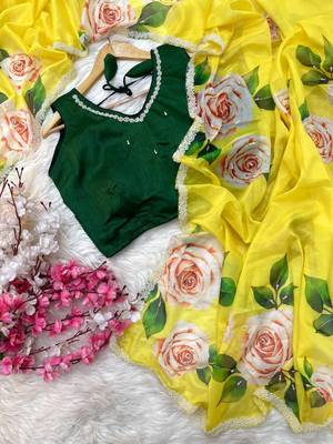 Yellow floral silk blend sareer 3