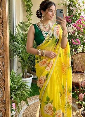 Yellow floral silk blend sareer 4