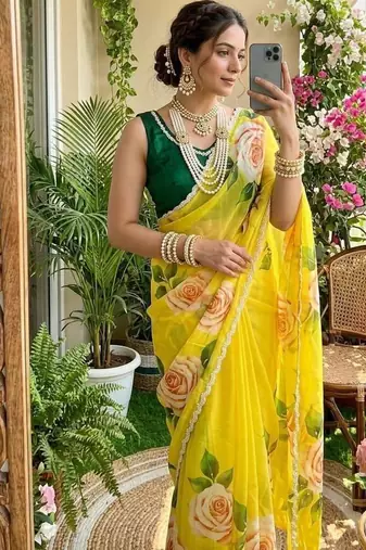Yellow floral silk blend sareer
