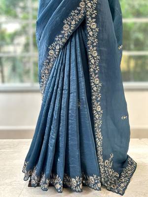 Blue silk blend embroidered saree 2