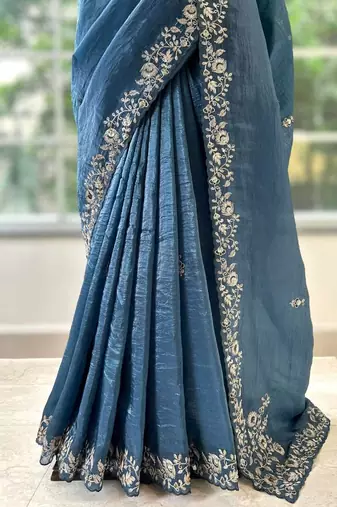 Blue silk blend embroidered saree