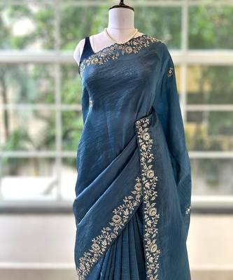 Blue silk blend embroidered saree 3