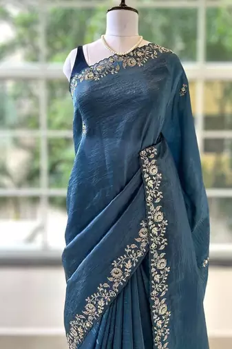 Blue silk blend embroidered saree