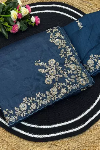 Blue silk blend embroidered saree