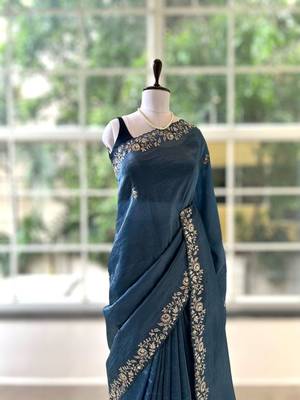 Blue silk blend embroidered saree 5