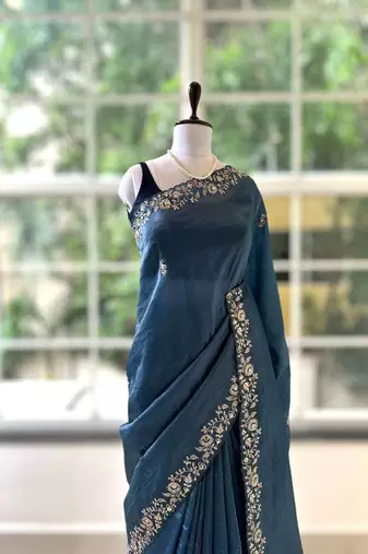 Blue silk blend embroidered saree