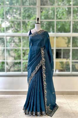 Blue silk blend embroidered saree 1