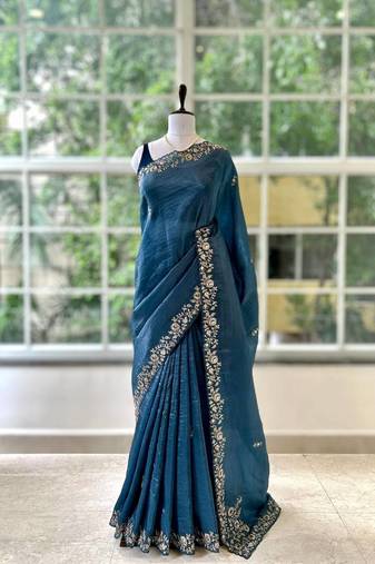 Blue silk blend embroidered saree