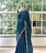 Blue silk blend embroidered saree