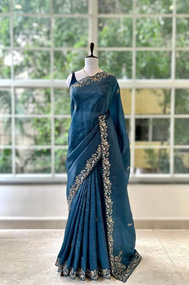 Blue silk blend embroidered saree