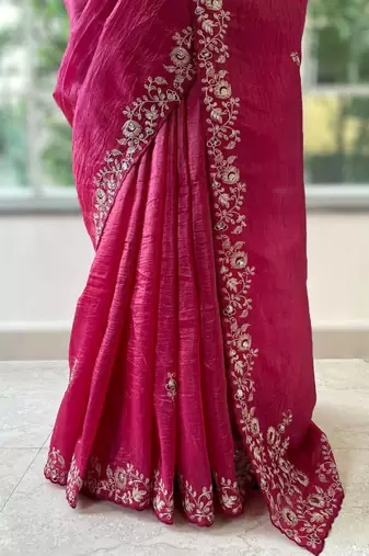 Red silk blend embroidered saree