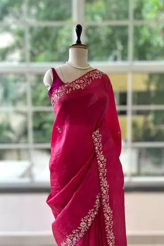 Red silk blend embroidered saree