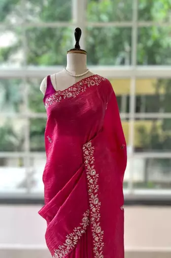 Red silk blend embroidered saree