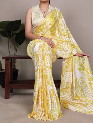 Yellow abstract print satin saree 1