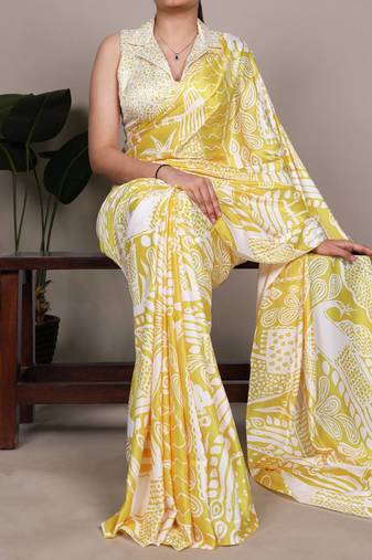Yellow abstract print satin saree