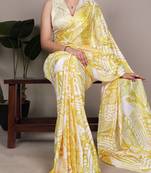 Yellow abstract print satin saree