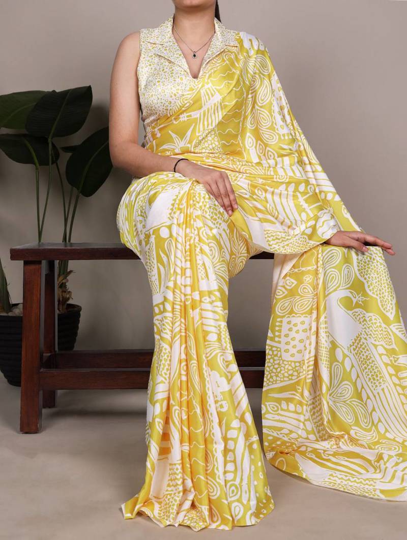 Yellow abstract print satin saree