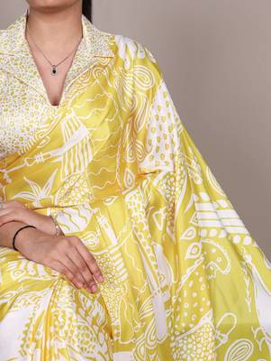 Yellow abstract print satin saree 3