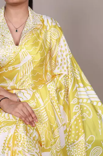 Yellow abstract print satin saree