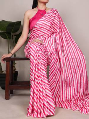 Pink and white diagonal striped satin saree 1